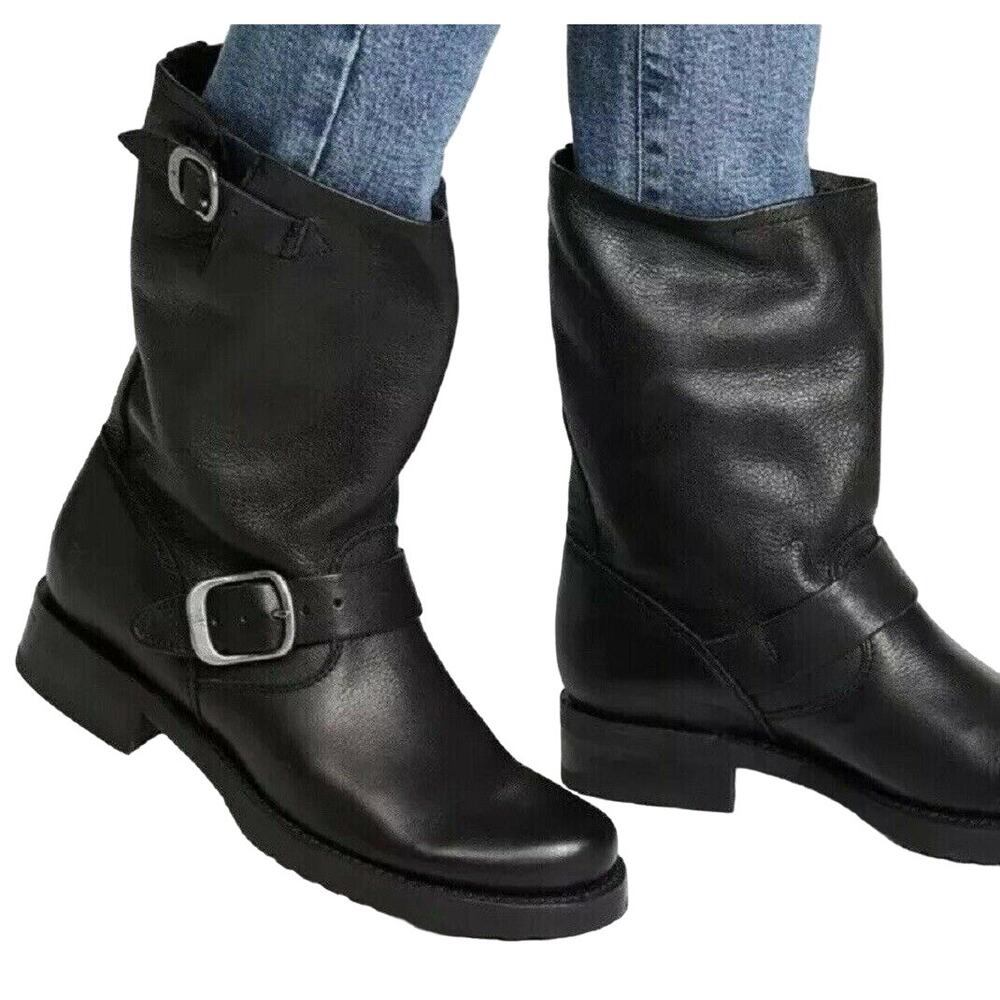 Frye Veronica Short Moto Boot Mid Calf Buckle Heeled Leather Lug Sole Black 8.5